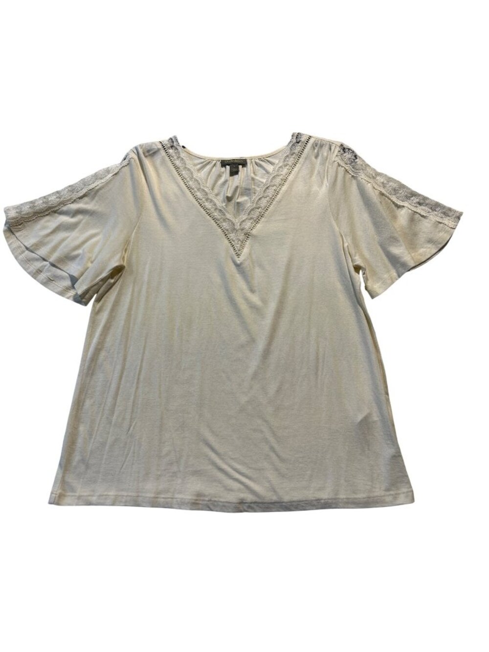 Style & Co Womens Small Whisper White Top With Lace Details & Short Sleeves